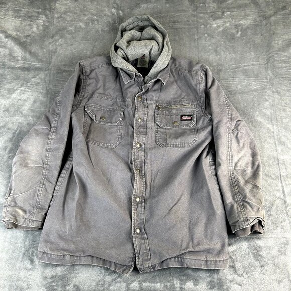Dickies Other - Dickies Jacket Mens Medium Gray Hooded Chore Shacket Utility Zip Snap